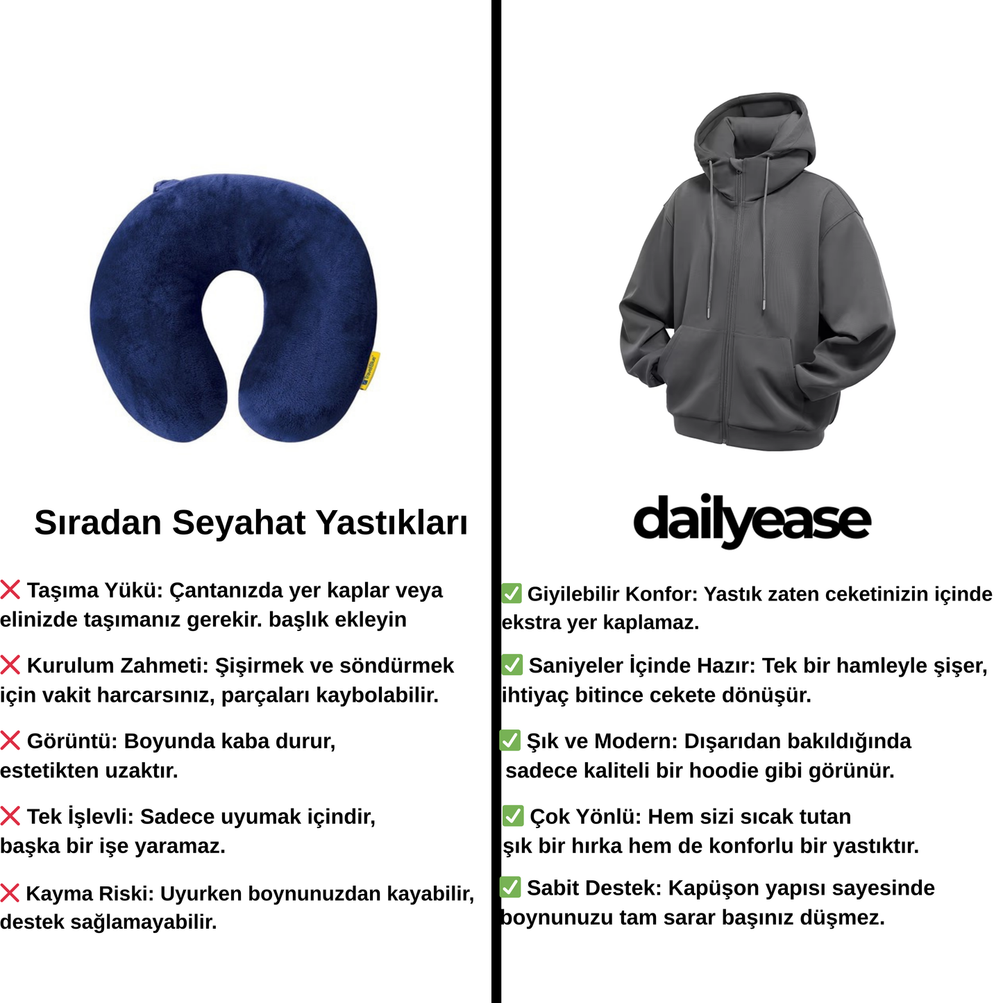 DailyEase Unisex Seyahat Yastıklı & Kapüşonlu Üst